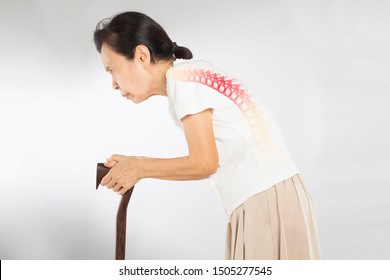 Old Asian Woman Stand Feel Spine Bones Pain