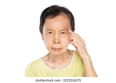 Old Asian Woman Suffering From Migraine Headache On White Background