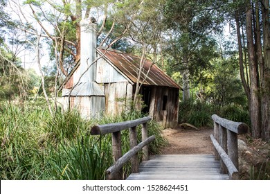 Old Australian wooden bush shack house with corrugated iron roof, wooden bridge leading to entrance surrounded by eucalyptus gum trees