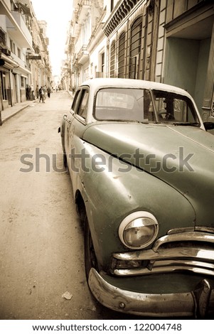 An old automobile in the center of Havana in Cuba