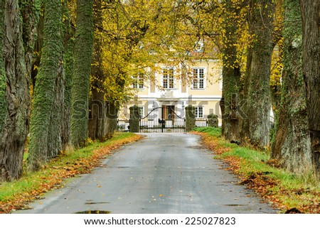 Old avenue in autumn leading up to gates of manor or small castle.
