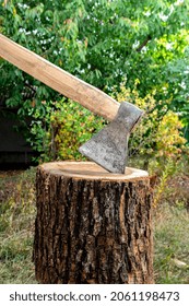 Old ax in a wooden stump on a blurred background