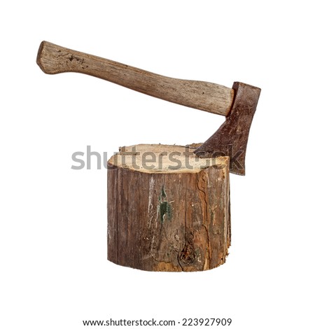 Old axe stuck in log isolated over white