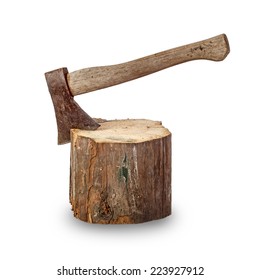 Old Axe Stuck In Log Over White Background