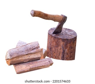 Old Axe Thrust In The Wooden Block On A White Background