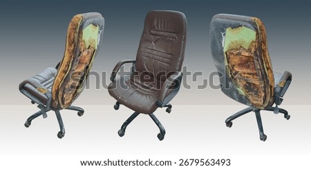 old back and side and front three office chairs, brown leather seat, old, damaged, torn, on white floor and gradient black and grey background. ancient, object, copy space