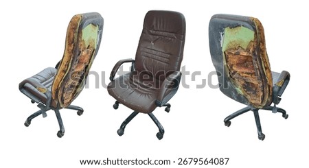 old back and side and front three office chairs, brown leather seat, old, damaged, torn, on gradient background. ancient, object, copy space