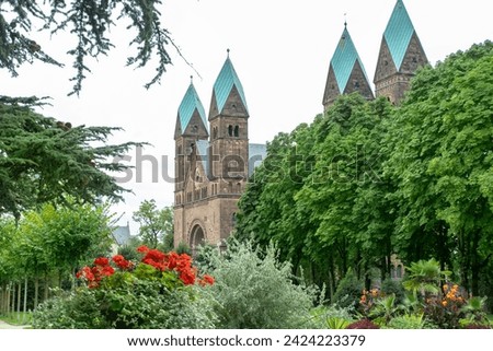 old Bad Homburg Church of Redeemer, residence Landgraves of Hesse-Homburg, beautiful flower beds in cultivated epoch-spanning English palace park