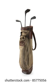 Old Bag Of Golf Clubs Isolated On White Background