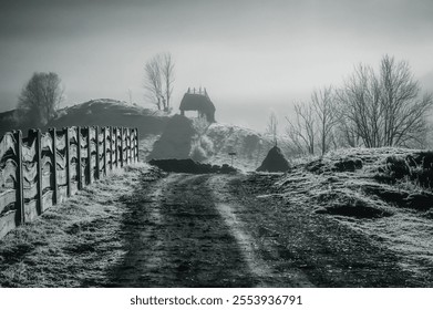 Old barn in foggy winter landscape. Black and white photo. - Powered by Shutterstock