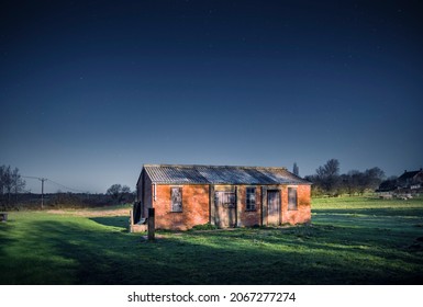 Old Barn In Moonlight, English Countryside In Winter With Starry Night Sky, Buckinghamshire, UK