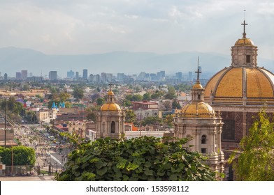 Old Basilica Of Guadalupe With Mexico City Skyline Behind It