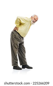 Old bearded man suffering from back pain isolated on white background
