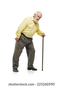 Old bearded man walking with cane isolated on white background