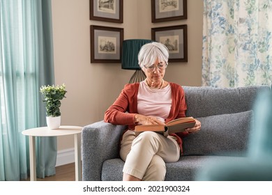 Old beautiful woman reading a book while sitting on couch at home. Elder lady relaxing at home while reading a book on sofa. Senior grandmother wearing eyeglasses for read a novel alone. - Powered by Shutterstock