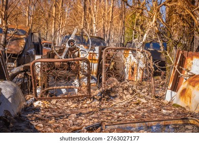 Old bed frames and classic car interior parts with steering wheel scattered in forest scrapyard scene.