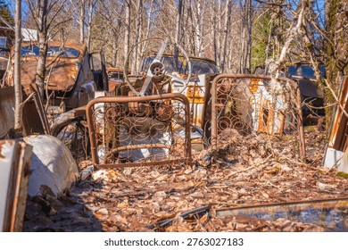 Old bed frames and classic car interior parts with steering wheel scattered in forest scrapyard scene.