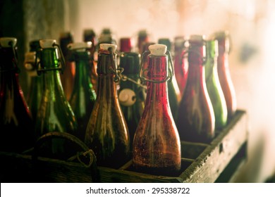 Old beer bottles in wooden cases