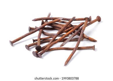 Old bent rusty nails isolated on white background