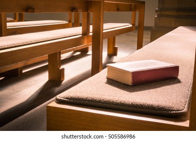 Old Bible Red Book Empty Template Lying Church Pew Bench Woodd Cushion Padded Sun Rays Interior Cathedral Holy Religion Alone