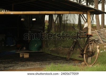 An old bicycle rests near an old shack house, creating a picture of nostalgia and simplicity in the interior.