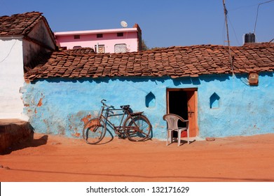 Old Bicycle And Traditional Indian Village House At The Sunny Day