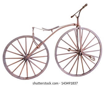 old bicycle with wooden wheels isolate