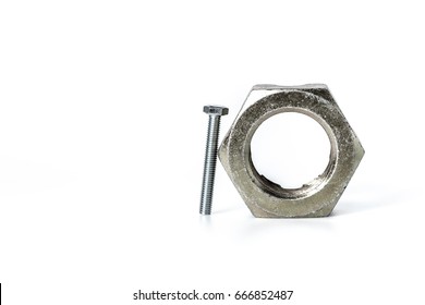 Old Big Nut And New Bolt On White Background, One Size Does Not Fit All Concept, Put The Right Man To The Right Job Concept