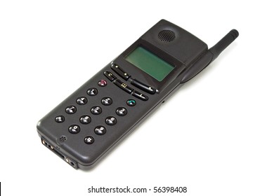 Old Black Cell Phone Isolated On The White Background.