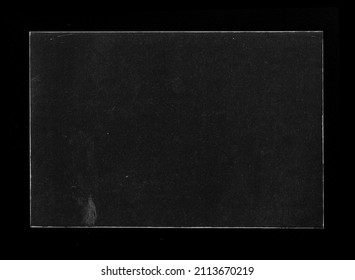 Old Black Empty Aged Damaged Paper Cardboard Photo Card Isolated on Black. Real Halftone Scan. Folded Edges. Rough Grunge Shabby Scratched Torn Ripped Texture. Distressed Overlay Surface for Collage.  - Shutterstock ID 2113670219