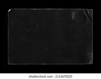 Old Black Empty Aged Damaged Paper Cardboard Photo Card Isolated on Black. Real Halftone Scan. Folded Edges. Rough Grunge Shabby Scratched Torn Ripped Texture. Distressed Overlay Surface for Collage.  - Shutterstock ID 2113670225