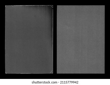Old Black Empty Aged Damaged Paper Cardboard Photo Card Isolated On Black. Real Halftone Scan. Folded Edges. Rough Grunge Shabby Scratched Torn Ripped Texture. Distressed Overlay Surface For Collage. 