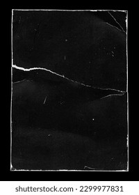 Old Black Empty Aged Vintage Retro Damaged Paper Cardboard Card. Rough Grunge Shabby Scratched Texture. Distressed Overlay Surface for Collage and Mixed Media. High Quality.