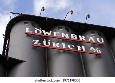 Old Black High Silo Of Brewery Named Löwenbräu (German, Translation Ist Lion's Brewery). Photo Taken May 10th, 2021, Zurich, Switzerland.