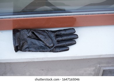 Old black leather gloves lie on a stone