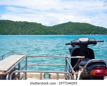 Old Black Motorcycle Sidecar. Local Villagers Motorbike With Empty Seat And Space On Seascape And Mountain Background.