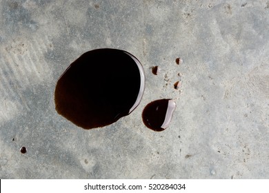 Old Black Oil Lubrication Motor Car Used Leak Or Drip Spill From Vehicle On Concrete Floor On Top View Art Abstract Industry Backgruond