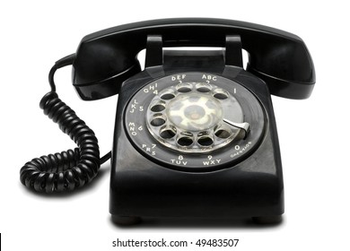 An Old Black Rotary Phone On White With Clipping Path