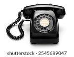 An old black vintage rotary dial telephone isolated over white background.