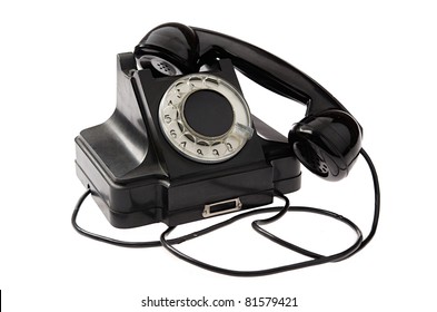 An Old Black Vintage Rotary Style Telephone Off The Hook Isolated Over A White Background