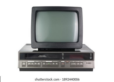 Old black vintage TV with VCR from 1980s, 1990s, 2000s isolated on white background.