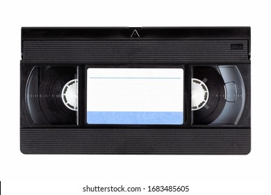 Old black vintage vhs cassette tape front with a blank paper label, front side, top view isolated on white, cut out 80s, 90s retro media aesthetic, magnetic videotape movie storage concept studio shot