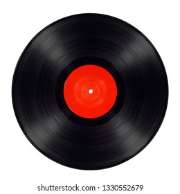 Old black vinyl record isolated with red label