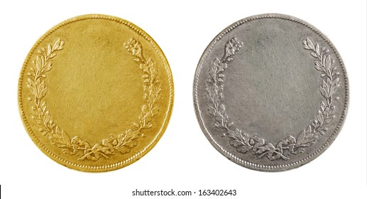 Old Blank Gold And Silver Coins Isolated On White