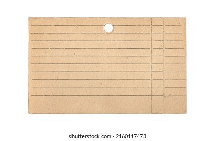 Old Blank Lined Index Card With Round Hole Isolated On White Background. Vintage File Cabinet Accessory.  Yellowed Paper With Splashes, Lines In Gray Ink.