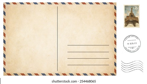 Old Blank Postcard Isolated On White With Post Stamps Set