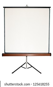 Old Blank Presentation, Slides, Movie Or Projector Roller Screen On A Tripod.