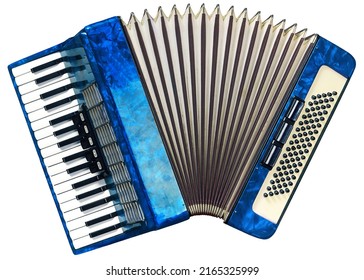 Old blue accordion isolated on white