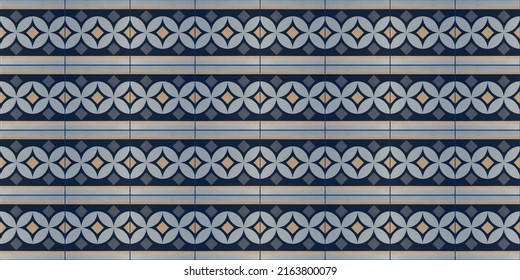 Old blue beige vintage shabby patchwork mosaic motif tiles stone concrete cement ceramic wall texture background, with circular circle print - Shutterstock ID 2163800079