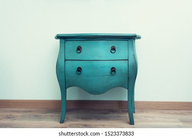 Old Blue Chest Of Drawers In The Studio, Side View, Copy Space